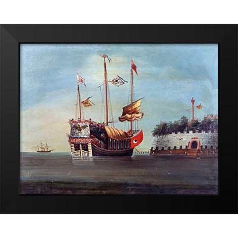 War Junks Off Folly Forts In The South China Sea Black Modern Wood Framed Art Print by Chinese School