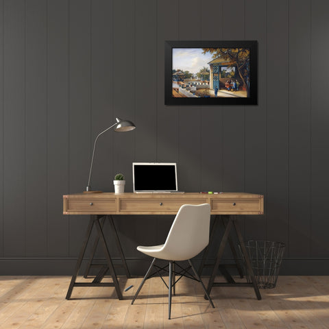 Chinese Ladies Playing Mahjong In The Pavilion of a House Black Modern Wood Framed Art Print by Chinese School