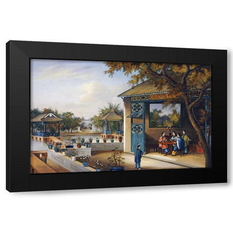 Chinese Ladies Playing Mahjong In The Pavilion of a House Black Modern Wood Framed Art Print with Double Matting by Chinese School