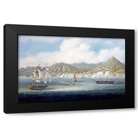 A View of Victoria, Hong Kong Black Modern Wood Framed Art Print with Double Matting by Chinese School