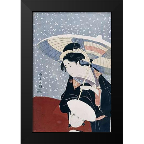 A Manservant Clearing The Geta of a Beauty On a Winters Day Black Modern Wood Framed Art Print by Choki, Eishosai