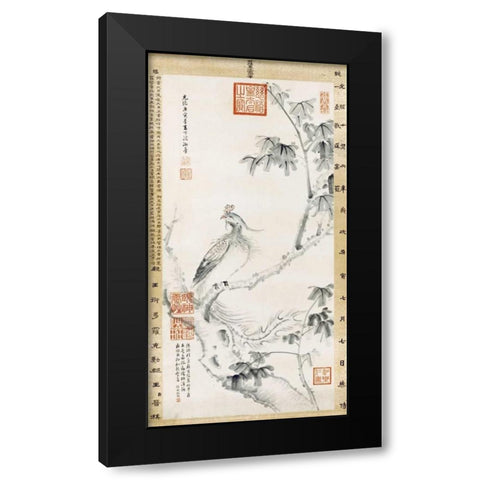 A Phoenix Standing On a Chinese Parasol Tree Black Modern Wood Framed Art Print by Cixi