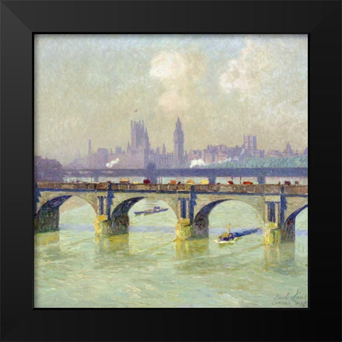 Waterloo Bridge and Hungerford Bridge With The Houses of Parliament Beyond Black Modern Wood Framed Art Print by Claus, Emile