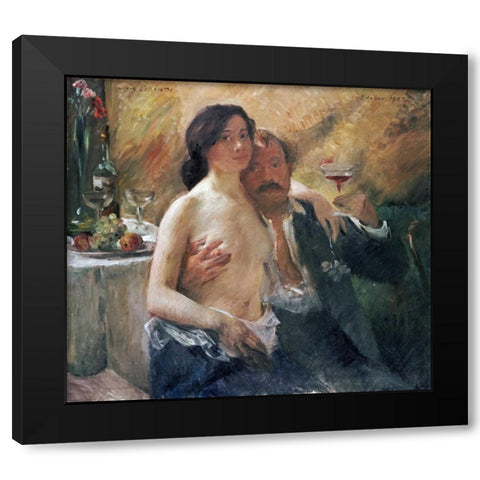 Self Portrait With Nude Woman and Glass Black Modern Wood Framed Art Print by Corinth, Lovis