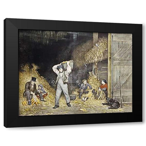 Husking Black Modern Wood Framed Art Print by Ives, Currier and