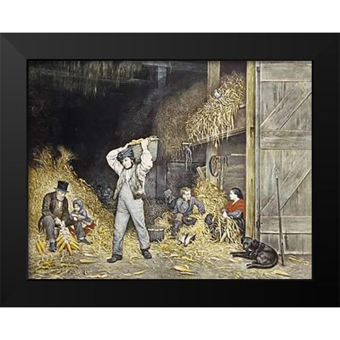 Husking Black Modern Wood Framed Art Print by Ives, Currier and