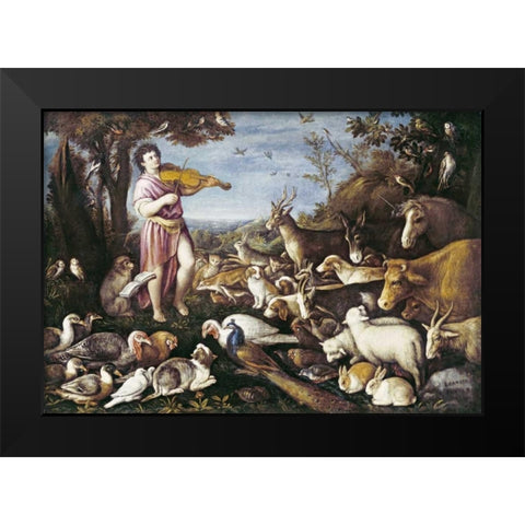 Orpheus Charming The Animals Black Modern Wood Framed Art Print by Da Ponte, Leandro