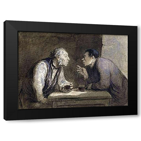 Two Drinkers Black Modern Wood Framed Art Print with Double Matting by Daumier, Honore