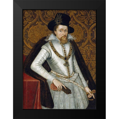Portrait of King James VI of Scotland, James I of England Black Modern Wood Framed Art Print by De Critz, John
