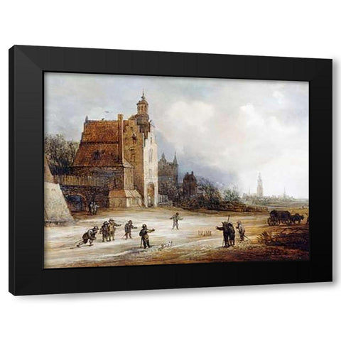Soldiers Playing Skittles On a Road Black Modern Wood Framed Art Print with Double Matting by De Momper, Frans