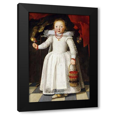 A Young Girl Holding a Basket of Cherries Black Modern Wood Framed Art Print with Double Matting by Vos, Cornelis De