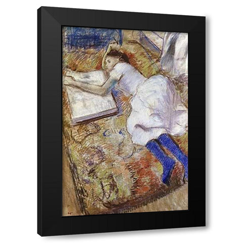 A Young Girl Stretched Out and Looking at An Album Black Modern Wood Framed Art Print by Degas, Edgar