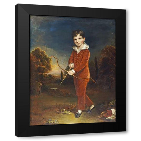 Young Boy In a Red Suit, Holding a Bow and Arrow Black Modern Wood Framed Art Print by Devis, Arthur William