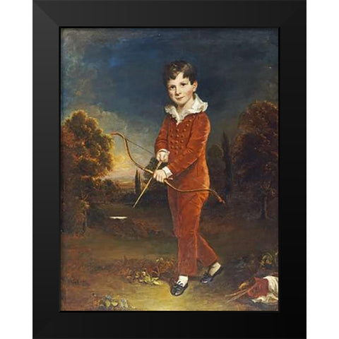 Young Boy In a Red Suit, Holding a Bow and Arrow Black Modern Wood Framed Art Print by Devis, Arthur William