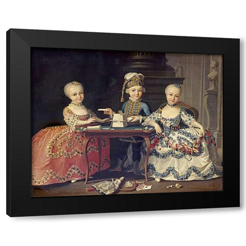 Boy In Blue Building a House of Cards, With Two Girls Black Modern Wood Framed Art Print by Drouais, Francois-Hubert