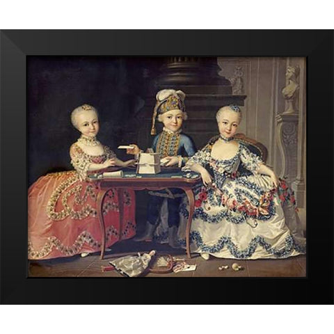 Boy In Blue Building a House of Cards, With Two Girls Black Modern Wood Framed Art Print by Drouais, Francois-Hubert