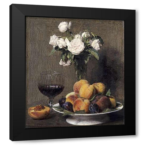 Still Life With Roses, Fruits and a Glass of Wine Black Modern Wood Framed Art Print with Double Matting by Latour, Henri Fantin