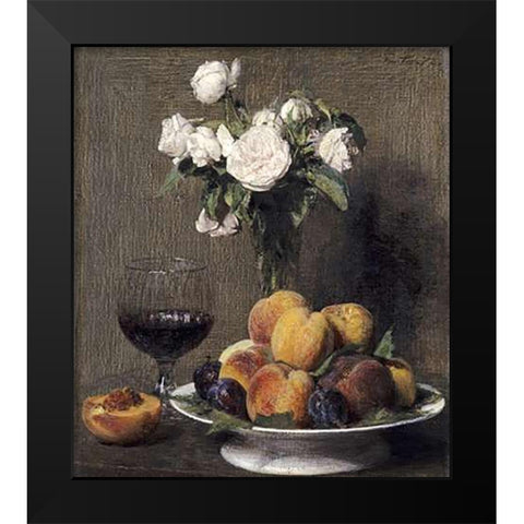 Still Life With Roses, Fruits and a Glass of Wine Black Modern Wood Framed Art Print by Latour, Henri Fantin