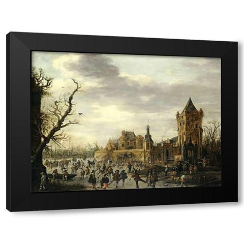 A View of Kasteel Batestein Vianen, In Winter Black Modern Wood Framed Art Print with Double Matting by Van Goyen, Jan