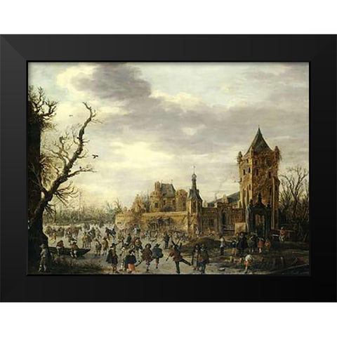 A View of Kasteel Batestein Vianen, In Winter Black Modern Wood Framed Art Print by Van Goyen, Jan
