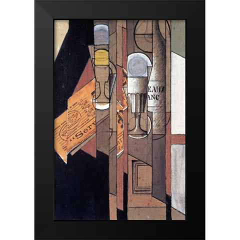 Glasses, a Newspaper and a Bottle of Wine Black Modern Wood Framed Art Print by Gris, Juan