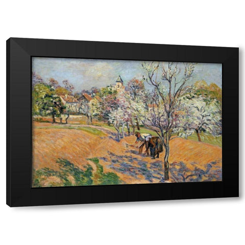 Two Peasants Sowing Haricots In An Orchard In Blossom Black Modern Wood Framed Art Print by Guillaumin, Armand