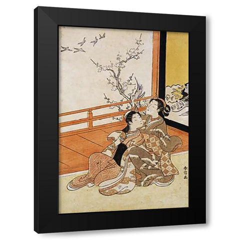 Two Women Seated By a Verandah Black Modern Wood Framed Art Print by Harunobu