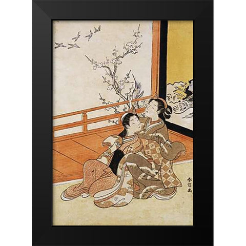 Two Women Seated By a Verandah Black Modern Wood Framed Art Print by Harunobu