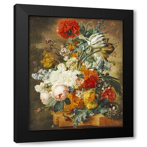 Tulips, An Opium Poppy, Hyacinths, Anemones, Auricolas, Convolvuli Black Modern Wood Framed Art Print by Hendriks, Wybrand