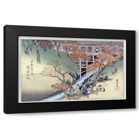 Red Maple Leaves at Tsuten Bridge Black Modern Wood Framed Art Print by Hiroshige