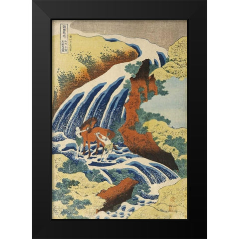 Two Men Washing a Horse in a Waterfall Black Modern Wood Framed Art Print by Hokusai
