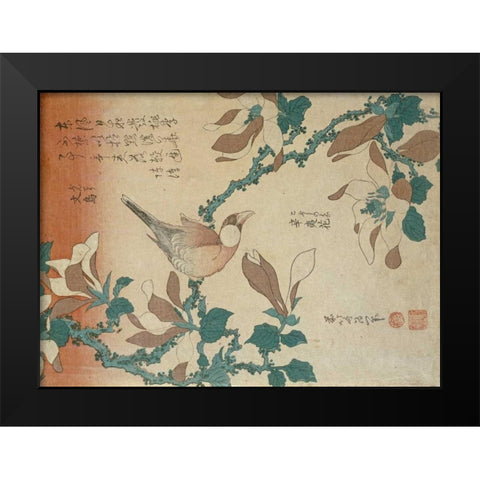 A Paddy Bird Perched On a Flowering Magnolia Branch Black Modern Wood Framed Art Print by Hokusai