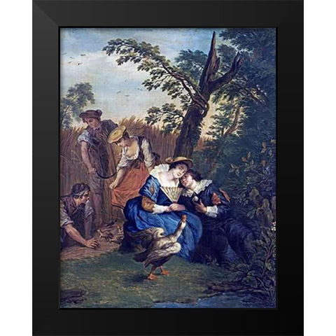 A Courting Couple Beneath a Tree Black Modern Wood Framed Art Print by Horemans, Jan Josef