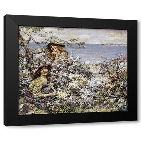 Two Girls Among Blossom, Brighouse Bay Black Modern Wood Framed Art Print with Double Matting by Hornel, Edward Atkinson