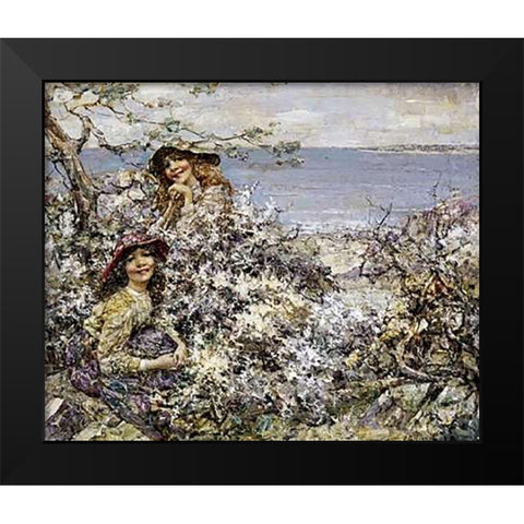 Two Girls Among Blossom, Brighouse Bay Black Modern Wood Framed Art Print by Hornel, Edward Atkinson