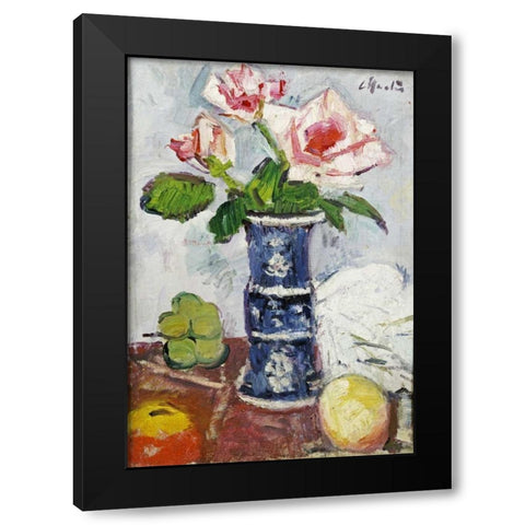 Pink Roses In a Chinese Blue and White Gu-Shaped Vase Black Modern Wood Framed Art Print by Hunter, George Leslie