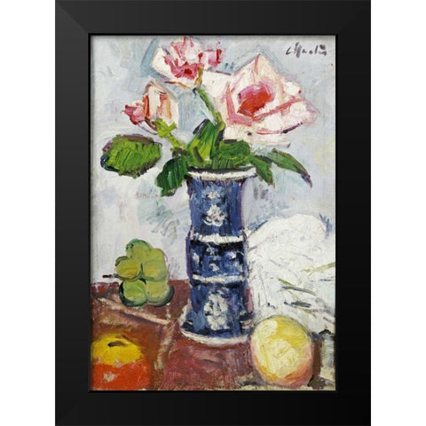 Pink Roses In a Chinese Blue and White Gu-Shaped Vase Black Modern Wood Framed Art Print by Hunter, George Leslie