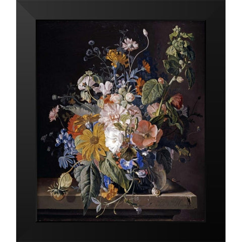 Poppies, Hollyhock, Morning Glory, Viola, Daisies Black Modern Wood Framed Art Print by Van Huysum, Jan