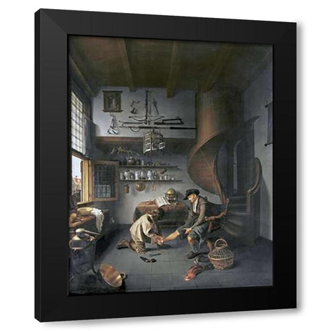 A Barber Surgeon Tending a Peasants Foot Black Modern Wood Framed Art Print by Koedijck, Isaack
