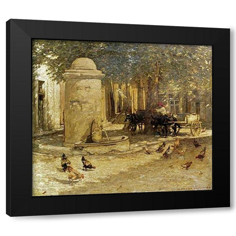 Fountain In a Provencal Village Black Modern Wood Framed Art Print by La Thangue, Henry Herbert