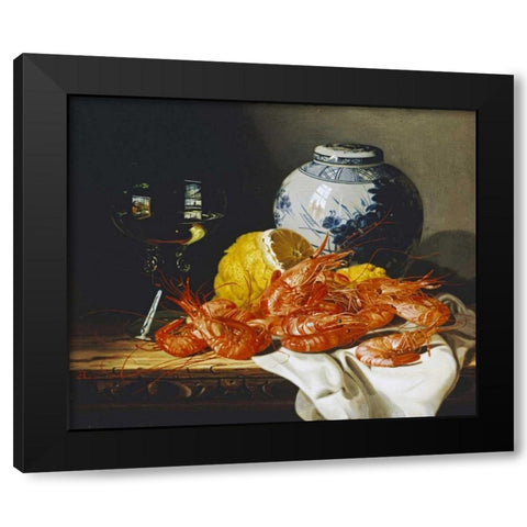 Shrimps, a Peeled Lemon, a Glass of Wine Black Modern Wood Framed Art Print by Ladell, Edward
