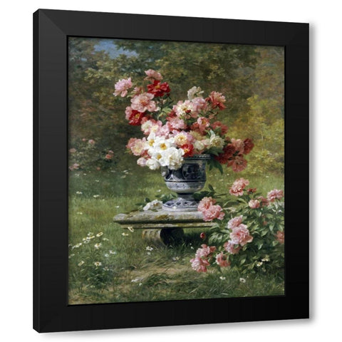 Peonies In An Urn In a Garden Black Modern Wood Framed Art Print by Lemaire, Louis Marie