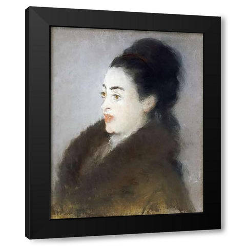 Woman in a Fur Coat in Profile Black Modern Wood Framed Art Print by Manet, Edouard