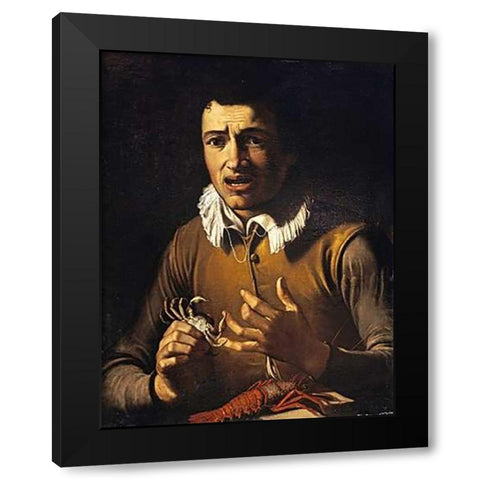Youth With a Crab Pinching His Finger Black Modern Wood Framed Art Print with Double Matting by Manfredi, Bartolommeo