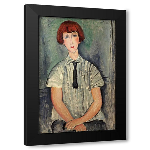 Young Girl In a Striped Shirt Black Modern Wood Framed Art Print with Double Matting by Modigliani, Amedeo
