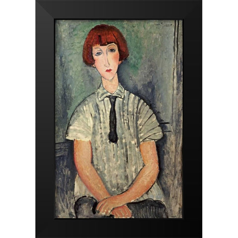 Young Girl In a Striped Shirt Black Modern Wood Framed Art Print by Modigliani, Amedeo