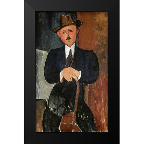Seated Man - Leaning On a Cane Black Modern Wood Framed Art Print by Modigliani, Amedeo