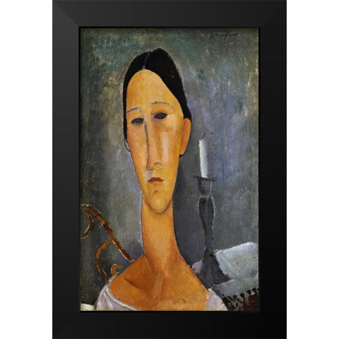 Hanka Zborowska with a Candlestick Black Modern Wood Framed Art Print by Modigliani, Amedeo