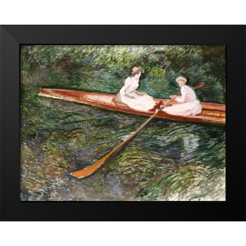 The Pink Rowing Boat Black Modern Wood Framed Art Print by Monet, Claude