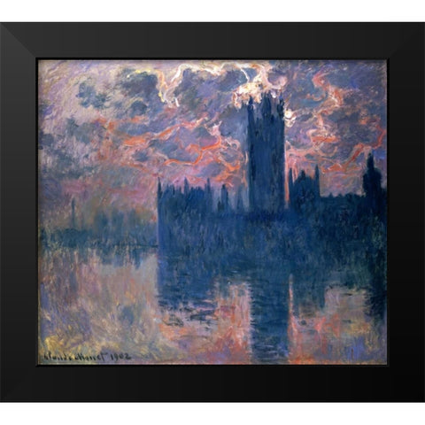 Parliament, Sunset Black Modern Wood Framed Art Print by Monet, Claude